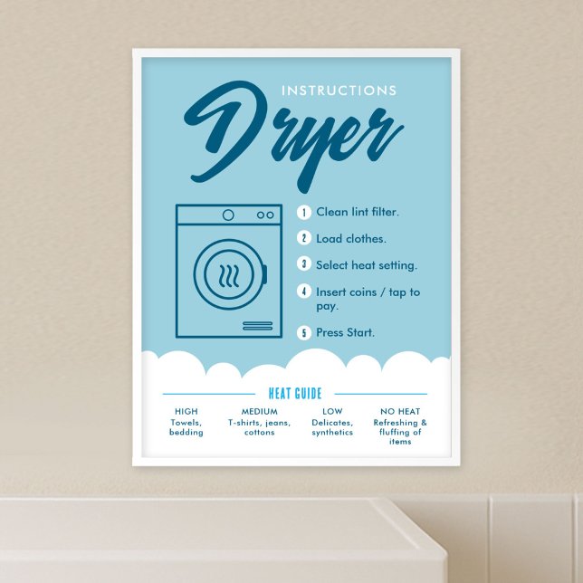 Póster Instrucciones de Secadora Cartel Señalización Lava (Fully editable blue and white tumble dryer instructions poster template)