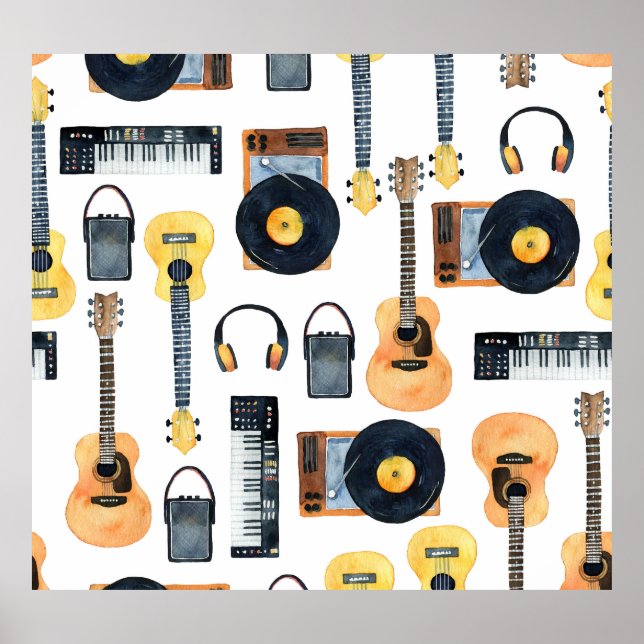 Póster Instrumentos musicales: acuarela sin foco (Frente)