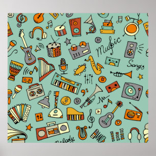 Póster Instrumentos musicales, patrón de sketch vintage.