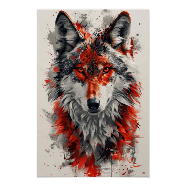 Póster Intense red wolf with striking abstract elements.  (Anverso)