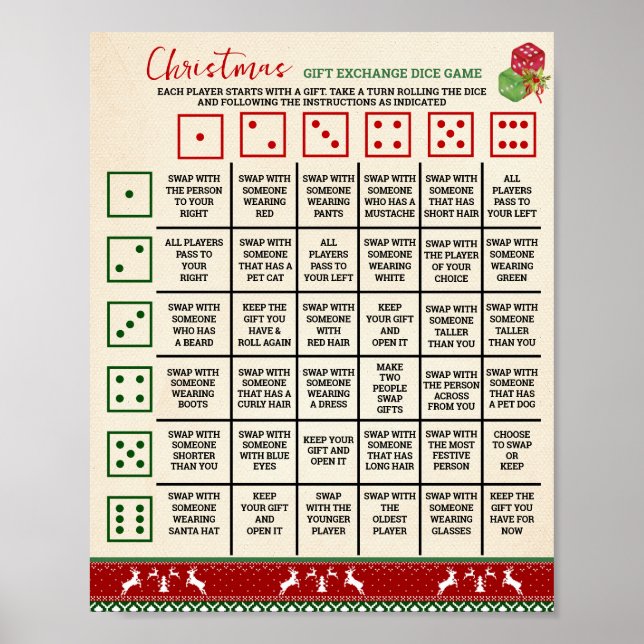 Póster Intercambio de regalos de Navidad Tira dados Juego (Frente)