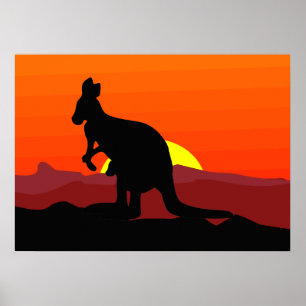 Póster Interior canguro australiano en la puesta del sol