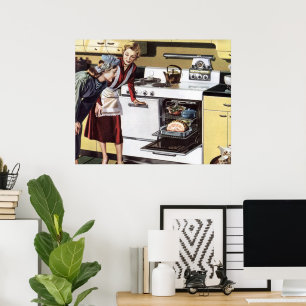 Póster Interior de casa de época, mamá en cocina