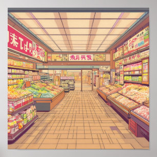 Póster Interior de supermercado japonés con estética de á
