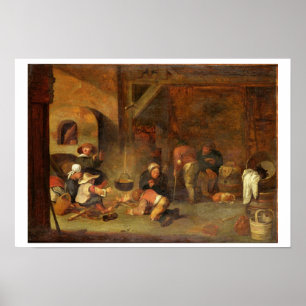 Póster Interior of a barn with peasants warming themselve