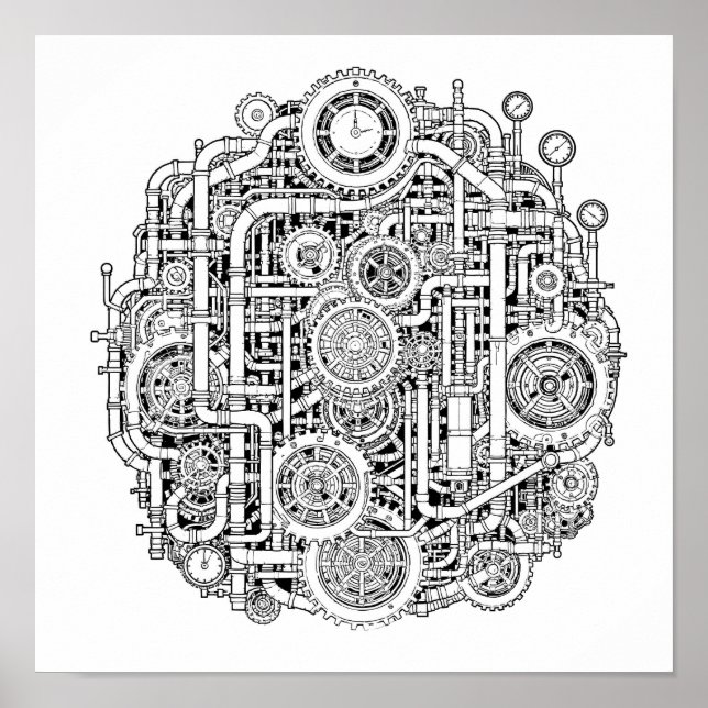 Póster Intricate Steampunk Decoupage Template Line Art (Frente)