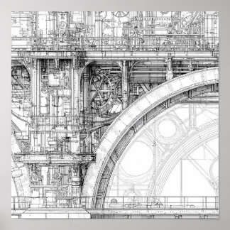 Póster Intricate Steampunk Scaffolding Technical Line Art