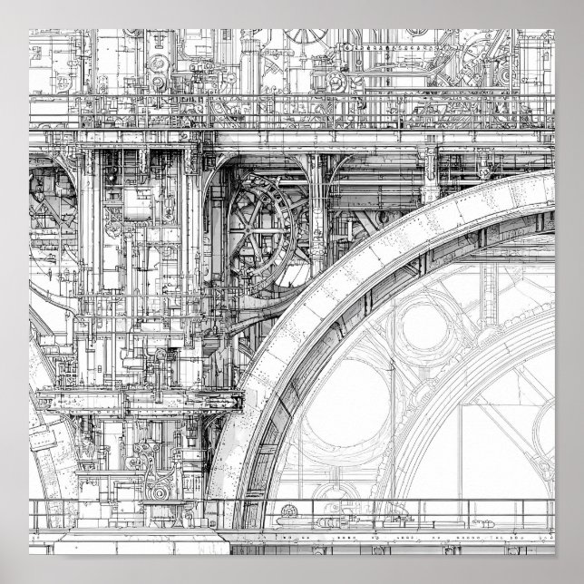 Póster Intricate Steampunk Scaffolding Technical Line Art (Frente)