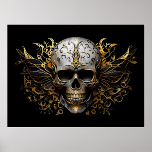 Póster Intrincado cráneo tribal sonriente de oro