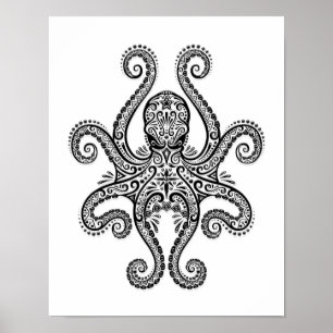 Póster Intrincado pulpo negro sobre blanco