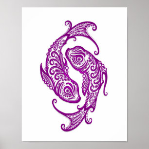 Póster Intrincado Purple Pisces Zodiac sobre blanco
