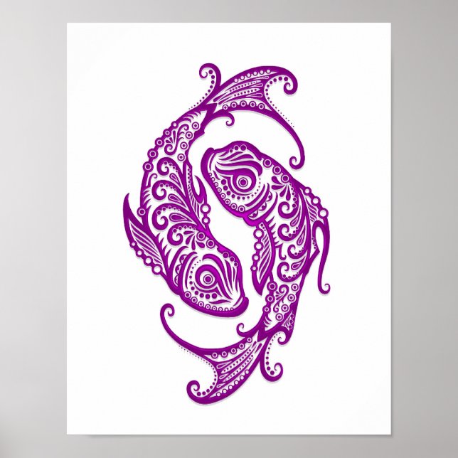 Póster Intrincado Purple Pisces Zodiac sobre blanco (Frente)