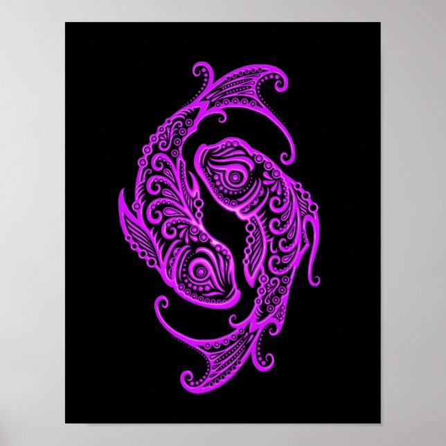 Póster Intrincado Purple Pisces Zodiac sobre negro (Frente)