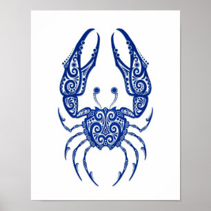 Póster Intrincado Zodiac azul contra el cáncer en blanco