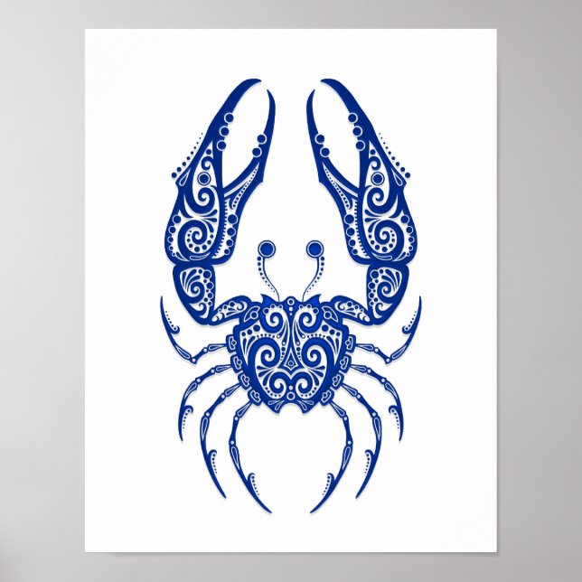 Póster Intrincado Zodiac azul contra el cáncer en blanco (Frente)
