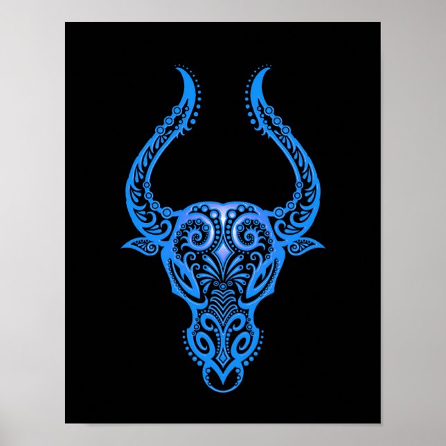 Póster Intrincado Zodiac de Tauro Azul sobre negro (Frente)