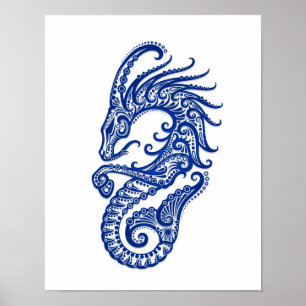 Póster Intrincado Zodiaco de Capricornio Azul sobre blanc