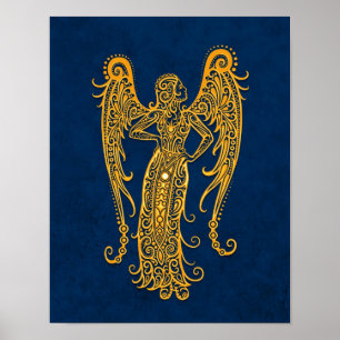 Póster Intrincado Zodiaco de virgo amarillo sobre azul
