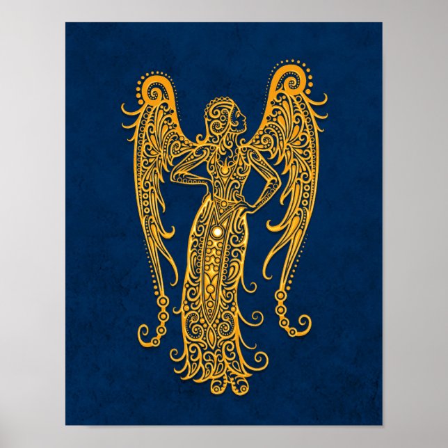 Póster Intrincado Zodiaco de virgo amarillo sobre azul (Frente)