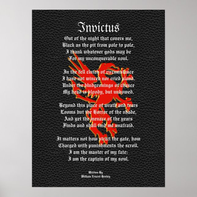 Póster Invictus, poema inspirador negro con griffon (Frente)