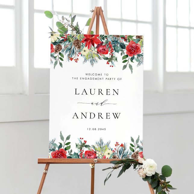 Póster Invierno acuarela florece fiesta de compromiso de  (Customizable floral engagement party welcome sign featuring winter blooms and greenery.)