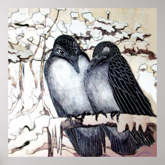 Póster INVIERNO AMA A LOS AVES EN LA NIEVE Blanco Negro