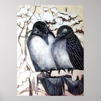 Póster INVIERNO AMA A LOS AVES EN LA NIEVE Blanco Negro