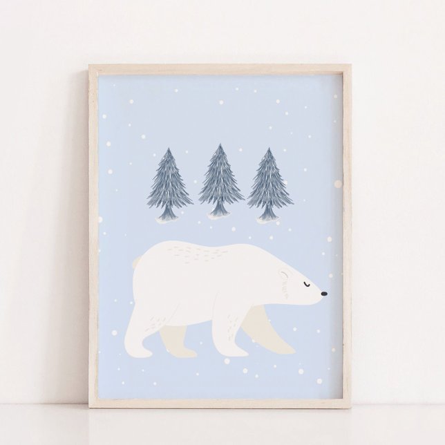 Póster Invierno de Nieve Blanca Polar Oso Nursery Decorac (Blue White Snow Winter Polar Bear Nursery Wall Decor)