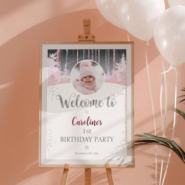 Póster Invierno de nieve rosa gris primer cumpleaños foto (Subido por el creador)