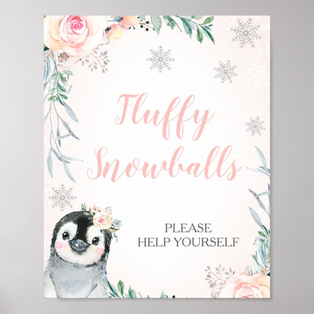 Póster Invierno de Pingüino Floral Rótulo de cumpleaños d (Frente)