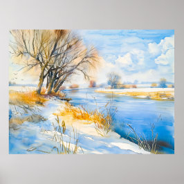 Póster Invierno dorado junto al río Havelland Acuarela