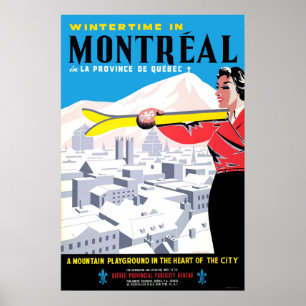 Póster Invierno en Montreal, mujer con equipo de esquí