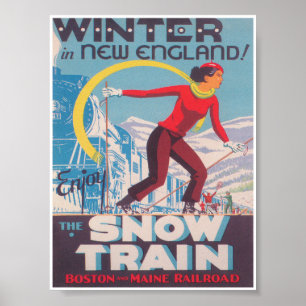Póster Invierno en Nueva Inglaterra, tren de nieve, esquí