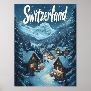 Póster Invierno en Suiza: Escena de un pueblo de montaña