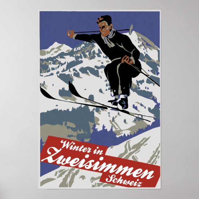 Póster Invierno en Zweisimmen, anuncio de viajes de esquí (Frente)