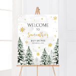 Póster Invierno hace frío fuera de la bienvenida<br><div class="desc">Haga especial su evento con este Baby Shower Snowflake con nuestro encantador y encantador cartel de bienvenida con adorable tema de los Pinos. Descarga,  personaliza y crea recuerdos duraderos con este toque perfecto para tu alegría. BS580</div>