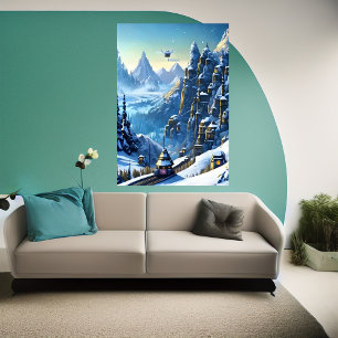 Póster Invierno, nieve, pueblo de montaña   Poster de art