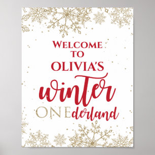 Póster Invierno Onederland Rojo Cumpleaños 1º Dorado Copo