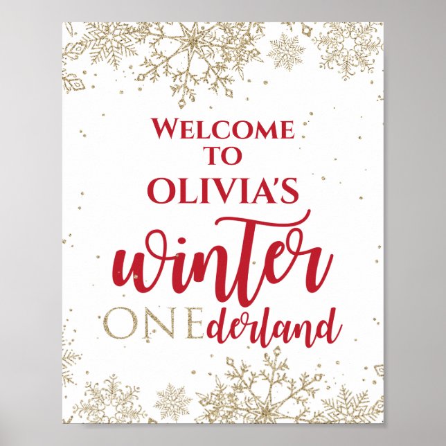 Póster Invierno Onederland Rojo Cumpleaños 1º Dorado Copo (Frente)