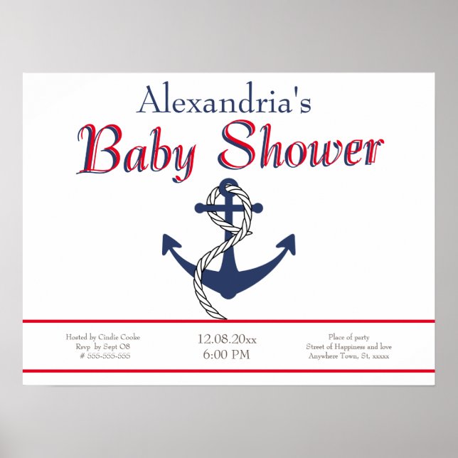Póster Invitación a Baby Shower de Nautical Anchor Blue (Frente)