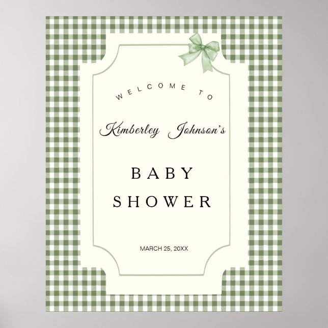 Póster Invitación a Baby Shower de Sage Green Gingham con (Frente)