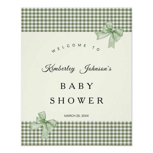 Póster Invitación a Baby Shower de Sage Green Gingham y B (Anverso)
