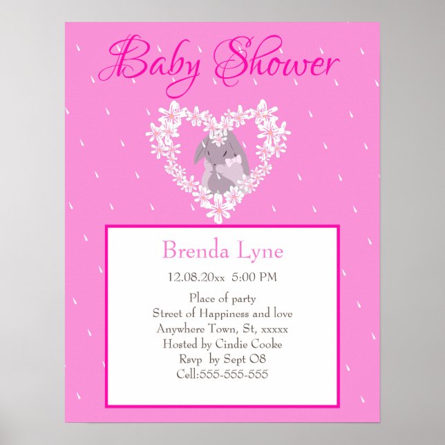 Póster Invitación a Baby Shower rosada de Chica de coneji (Frente)