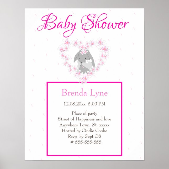 Póster Invitación a Baby Shower rosada de Chica de conejo (Frente)