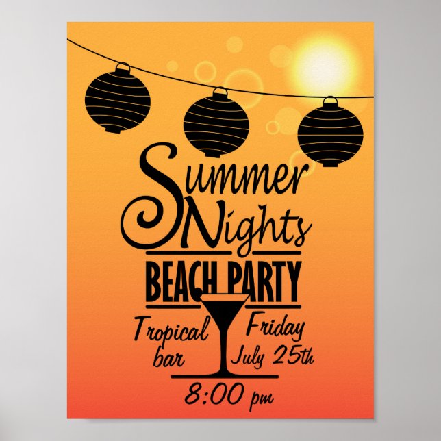 Póster Invitación a fiestas de playa de las noches de ver (Frente)