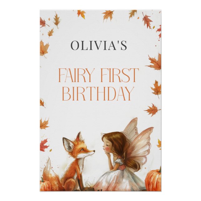 Póster Invitación al primer cumpleaños de Fall Fairy con  (Anverso)