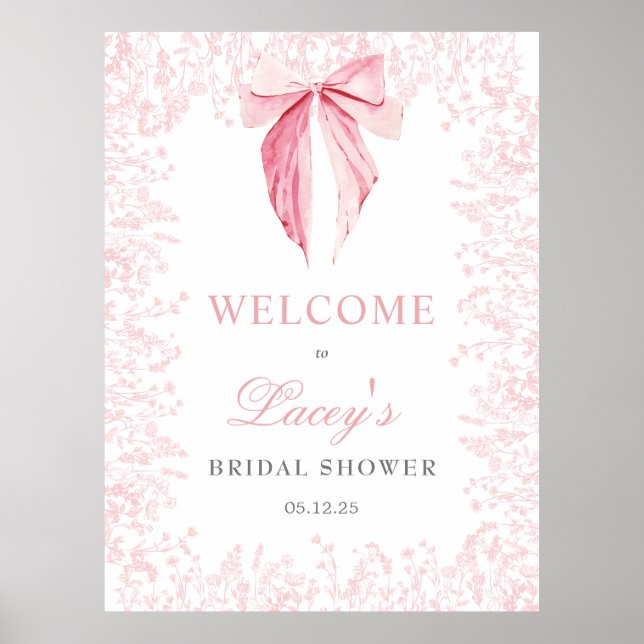 Póster invitación de Baby Shower con lazo rosa (Frente)