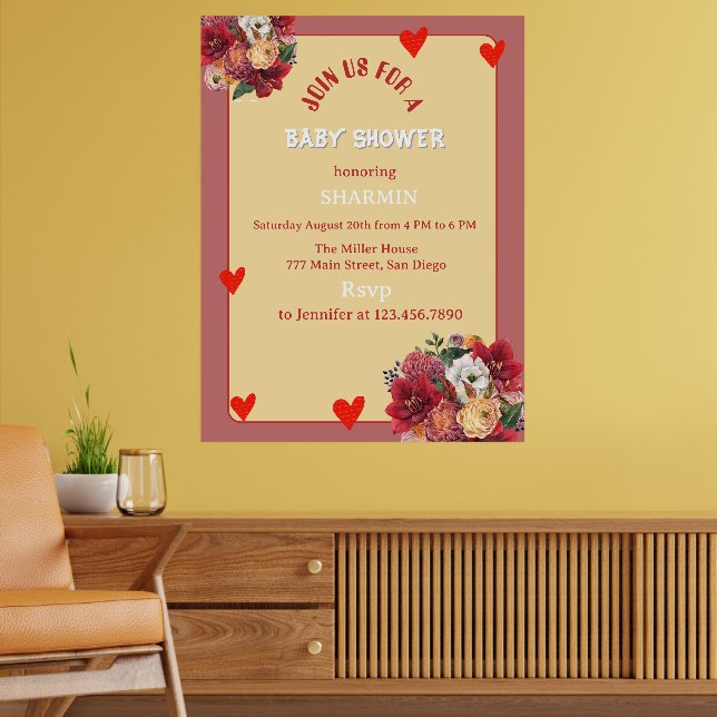 Póster Invitación de baby shower de flor y corazón (Salón 2)