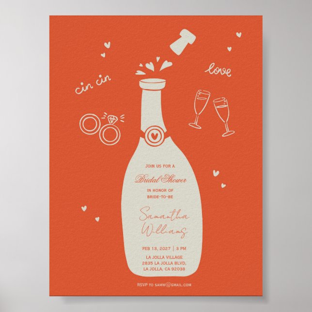 Póster Invitación de boda con champán dibujada a mano (Frente)