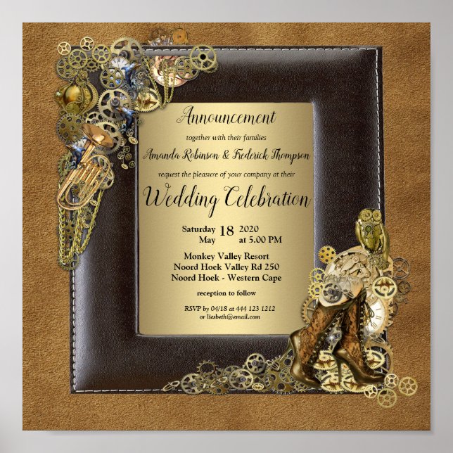 Póster Invitación de Boda de Steampunk-Gold (Frente)